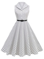 Vintage-style Polka Dot Waist-cinching Sleeveless Flared Bridesmaid Dress - White