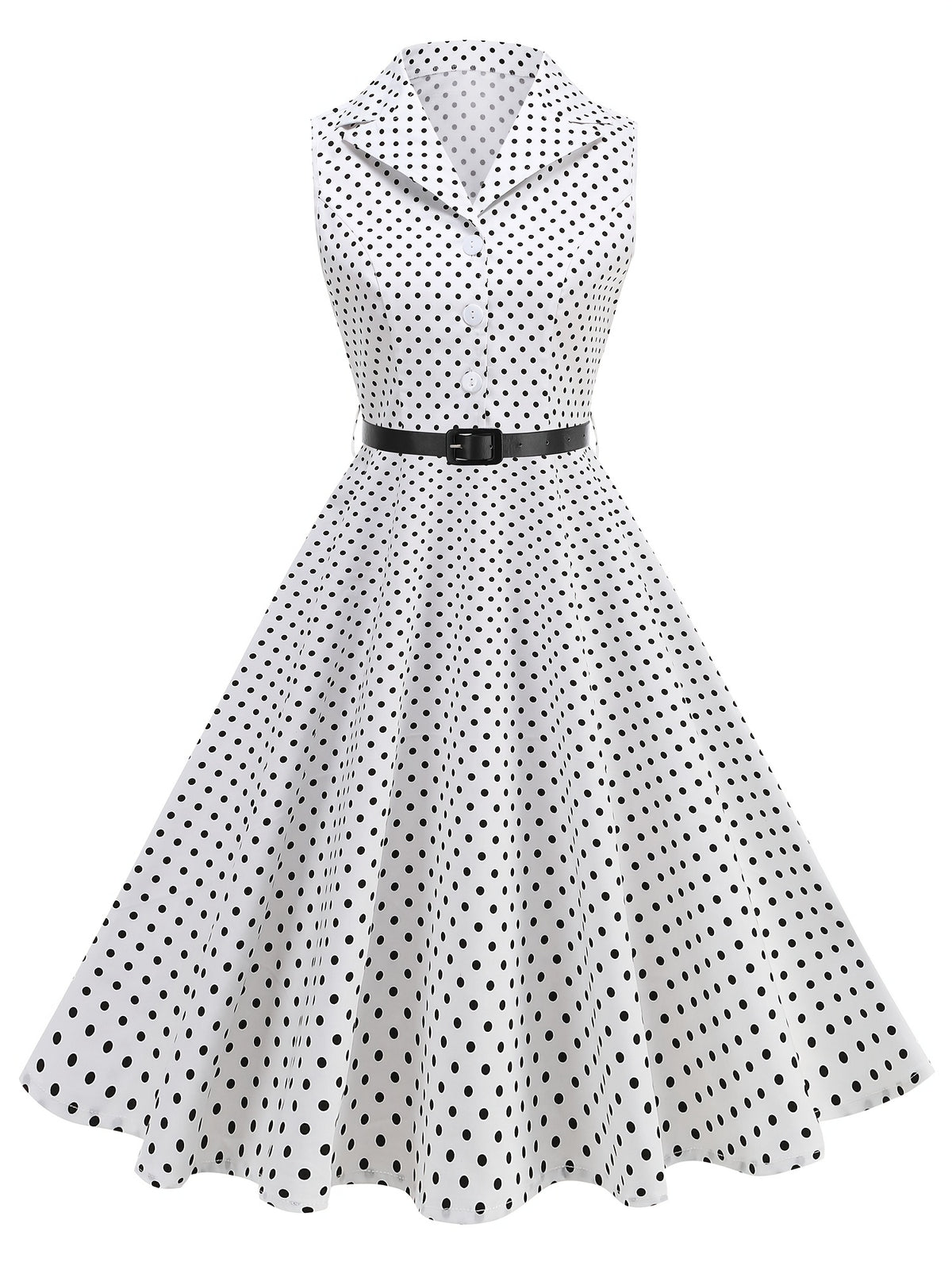 Vintage-style Polka Dot Waist-cinching Sleeveless Flared Bridesmaid Dress - White