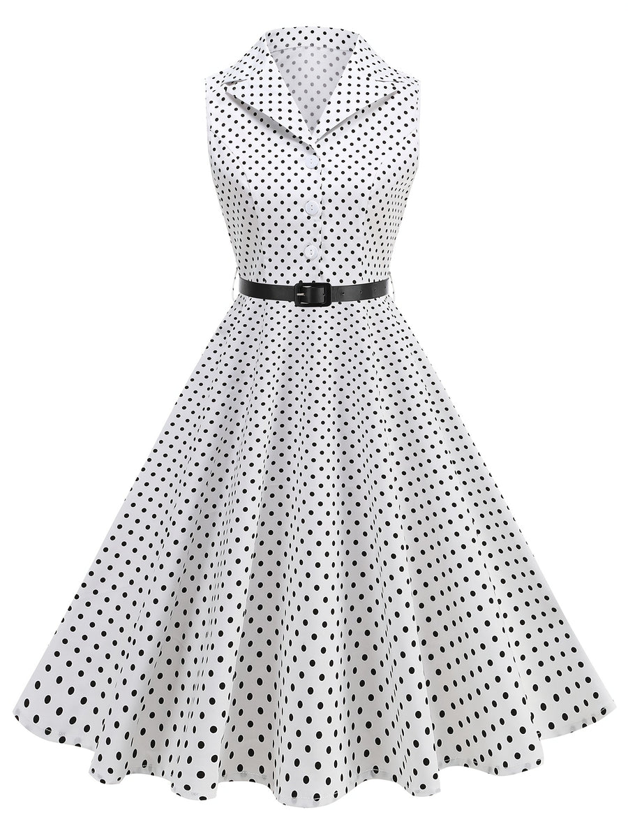 Vintage-style Polka Dot Waist-cinching Sleeveless Flared Bridesmaid Dress - White