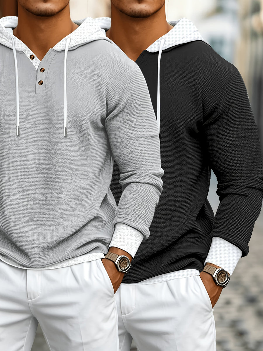 Men'S Casual Sports Hooded Shirt Fashionable Sweater Contrast Color Stitching Spring Long-Sleeved Outdoor Versatile Two-Piece T-Shirt - Grey+Black