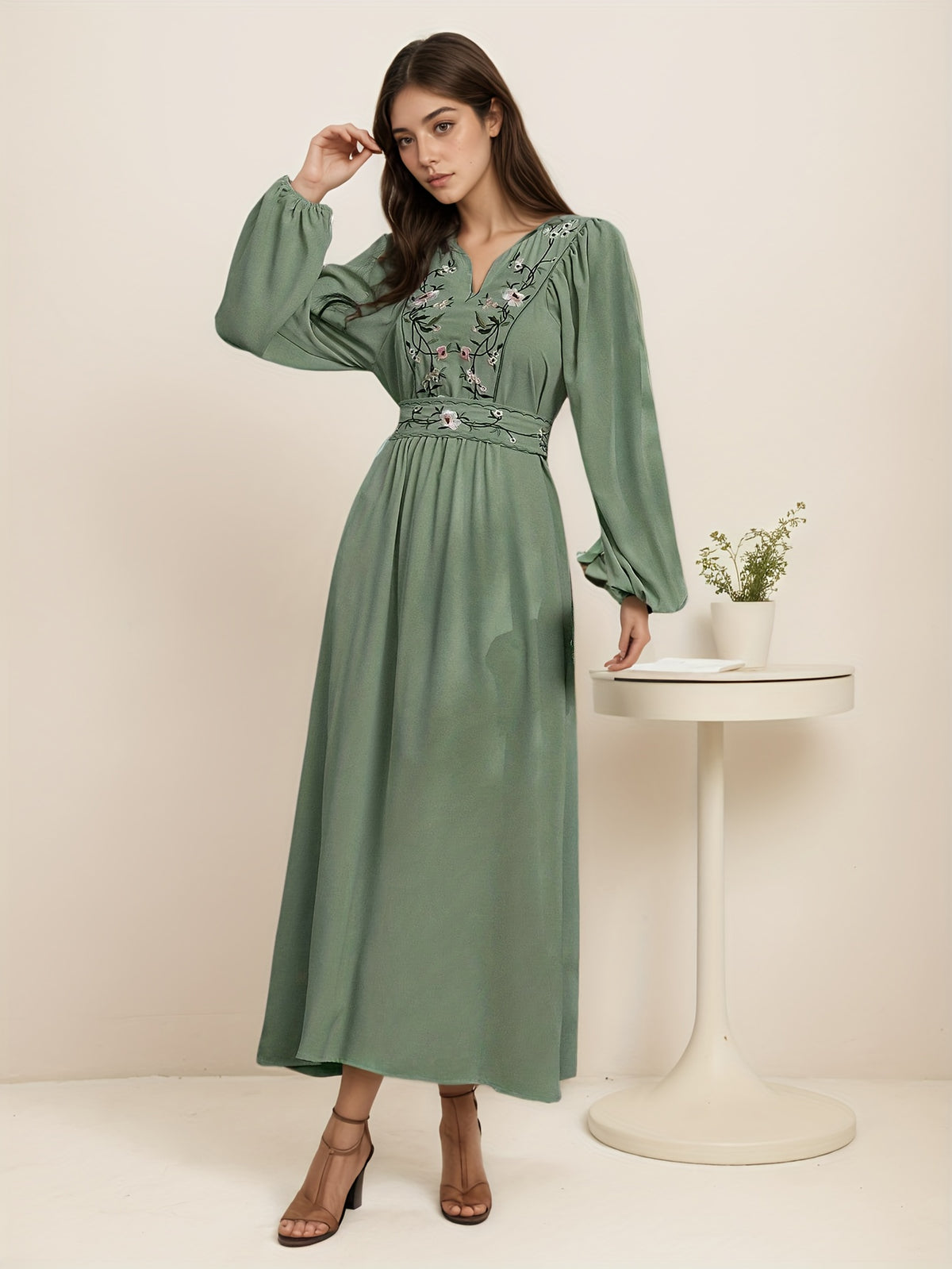 2025 New Women's Elegant Middle Eastern Muslim Dress - V-Neck Embroidered Long Sleeve Slim Fit Dress with Front Bow Tie, Machine Washable Solid Color Modest Abaya for Spring/Autumn Casual Wear, Modest Attire, Slim Fit Abaya, Sophisticated Texture, Autumn - Green