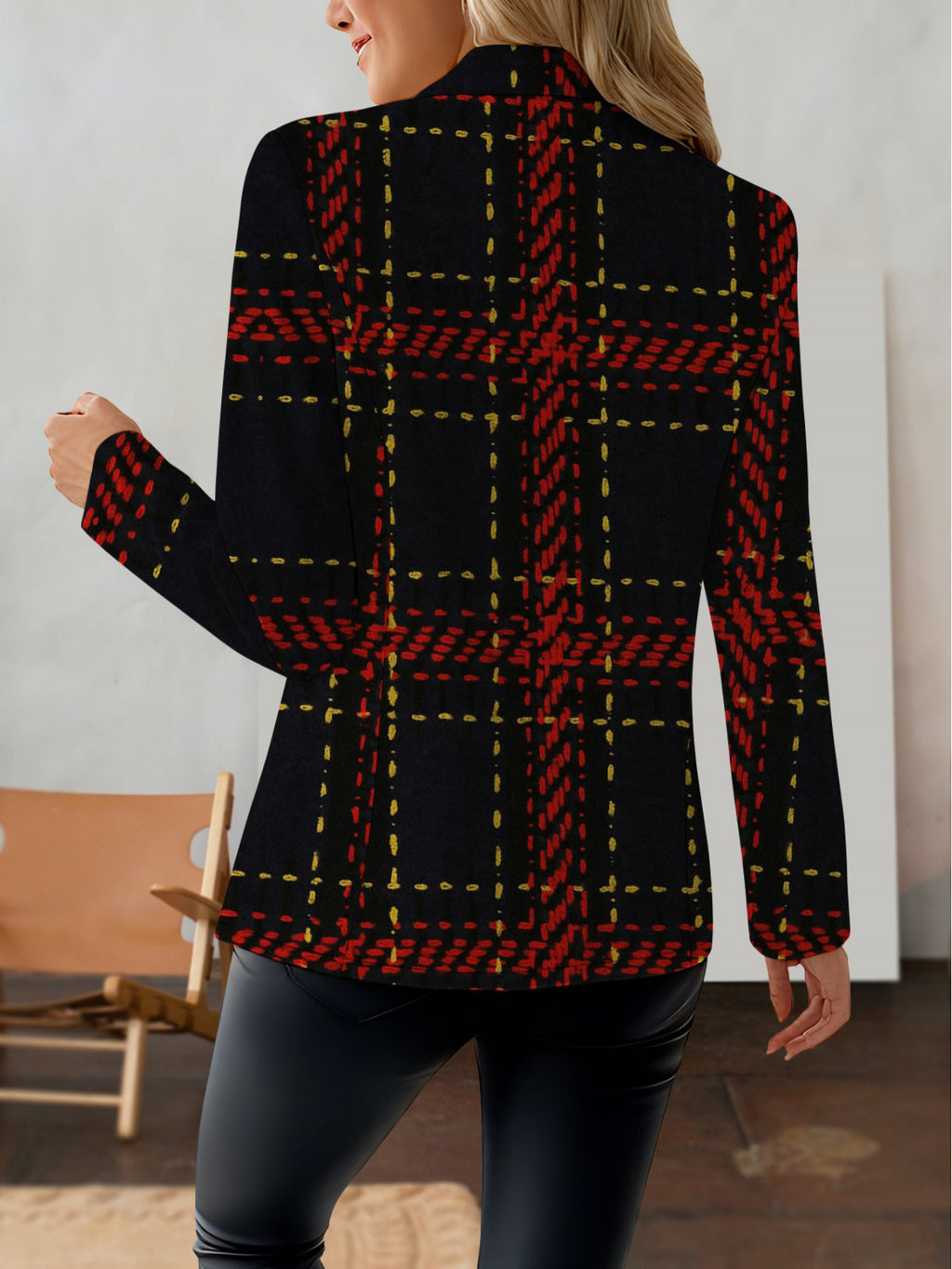 Autumn Women's fashion, outdoor travel,  clothing, exquisite patterns, Women's tops, striped grid geometric pattern prints, elegant Women's autumn skirts, exquisite Women's suit jackets - Black Red Yellow Flower