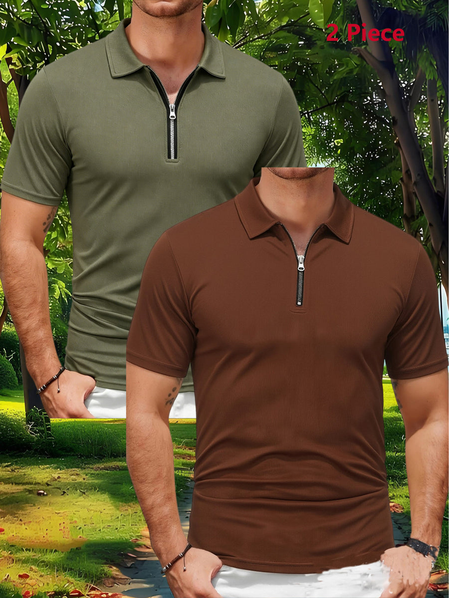 2pcs Men'S Sports Outdoor Casual Lapel Solid Color Breathable Zipper POLO Shirt - Army Green + Coffee
