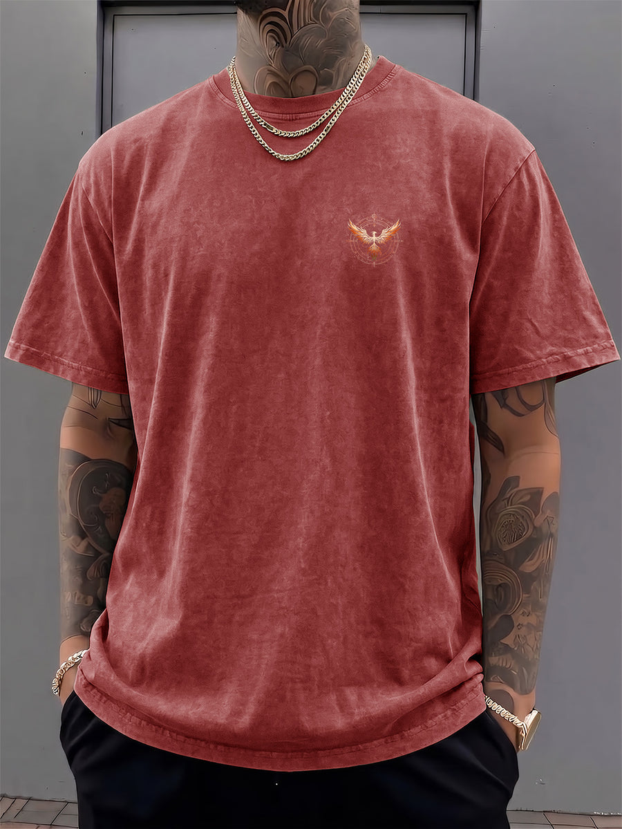 Men's Short-Sleeve T-Shirt, Pure Cotton Loose Fit Washed Distressed Top, Small Phoenix Compass Print, Trendy Print, 12 Colors for Mix and Match, American Street Style High Street Hip-Hop Couple's Outfit for Daily Streetwear, Commuting - Burgundy