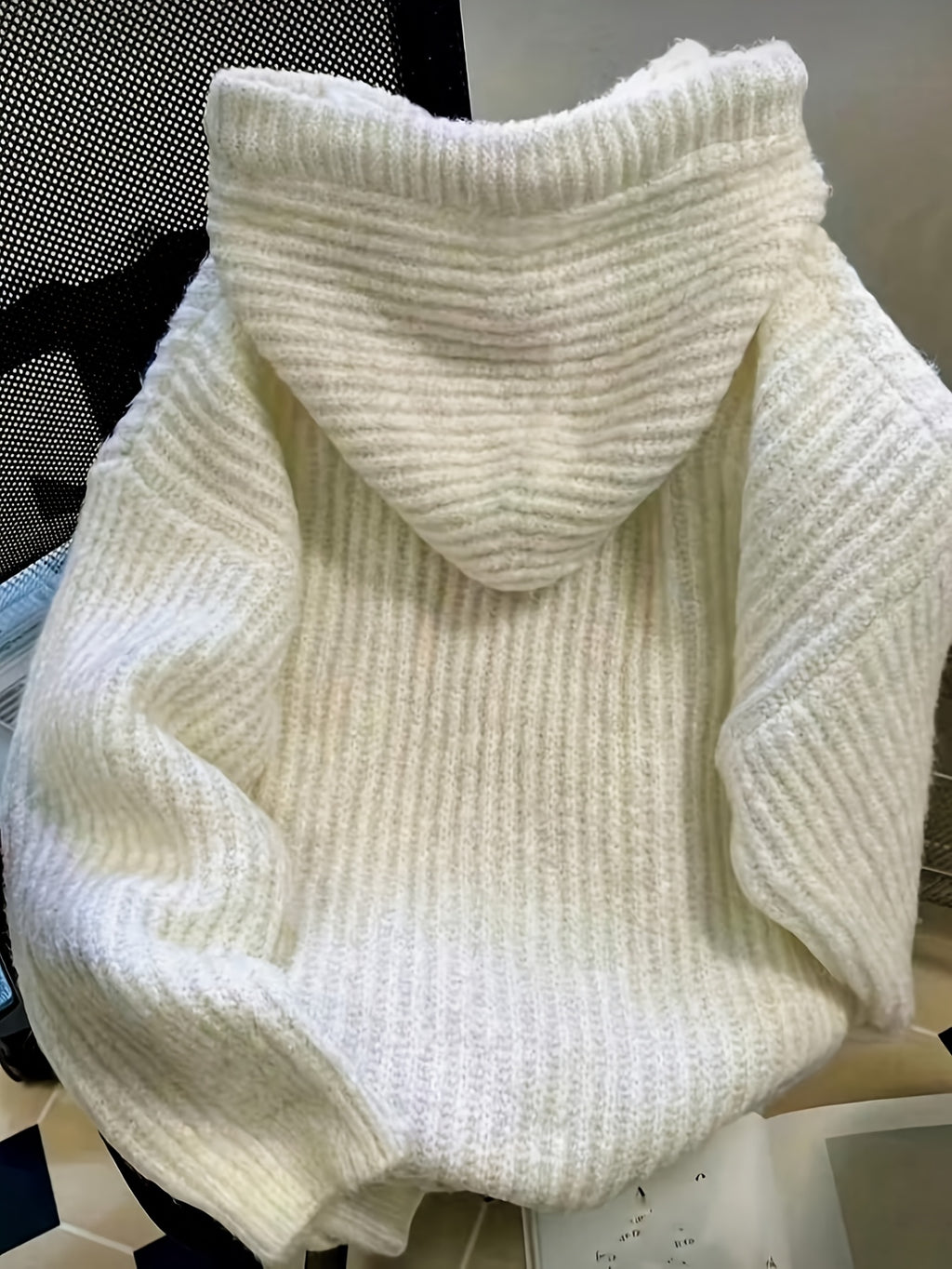 Hooded Chunky Cable- Sweater with Coarse Ribbed Texture, Tassels, Drawstring, Vertical Ribbed Detailing, and a Relaxed Fit. This Long-sleeve Pullover Features a Simple, Casual Design for a Laid-back and Effortless Look - Off-white