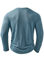 Men's Fashion Top, Autumn/Winter Outdoor Casual Base Layer, Textured Ribbed Fabric, Solid Color V-Neck Button-Up Long Sleeve Henley Shirt with Patch Pocket - Light Blue