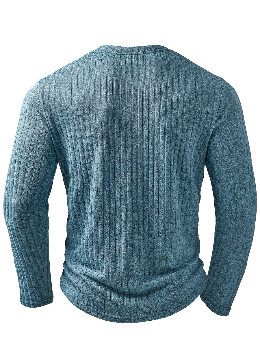 Men's Fashion Top, Autumn/Winter Outdoor Casual Base Layer, Textured Ribbed Fabric, Solid Color V-Neck Button-Up Long Sleeve Henley Shirt with Patch Pocket - Light Blue
