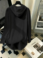 Women's Mid-Length Hooded Sweatshirt, Loose Fit, Hip-Covering, Heart Print, Drawstring Pullover Top - Black
