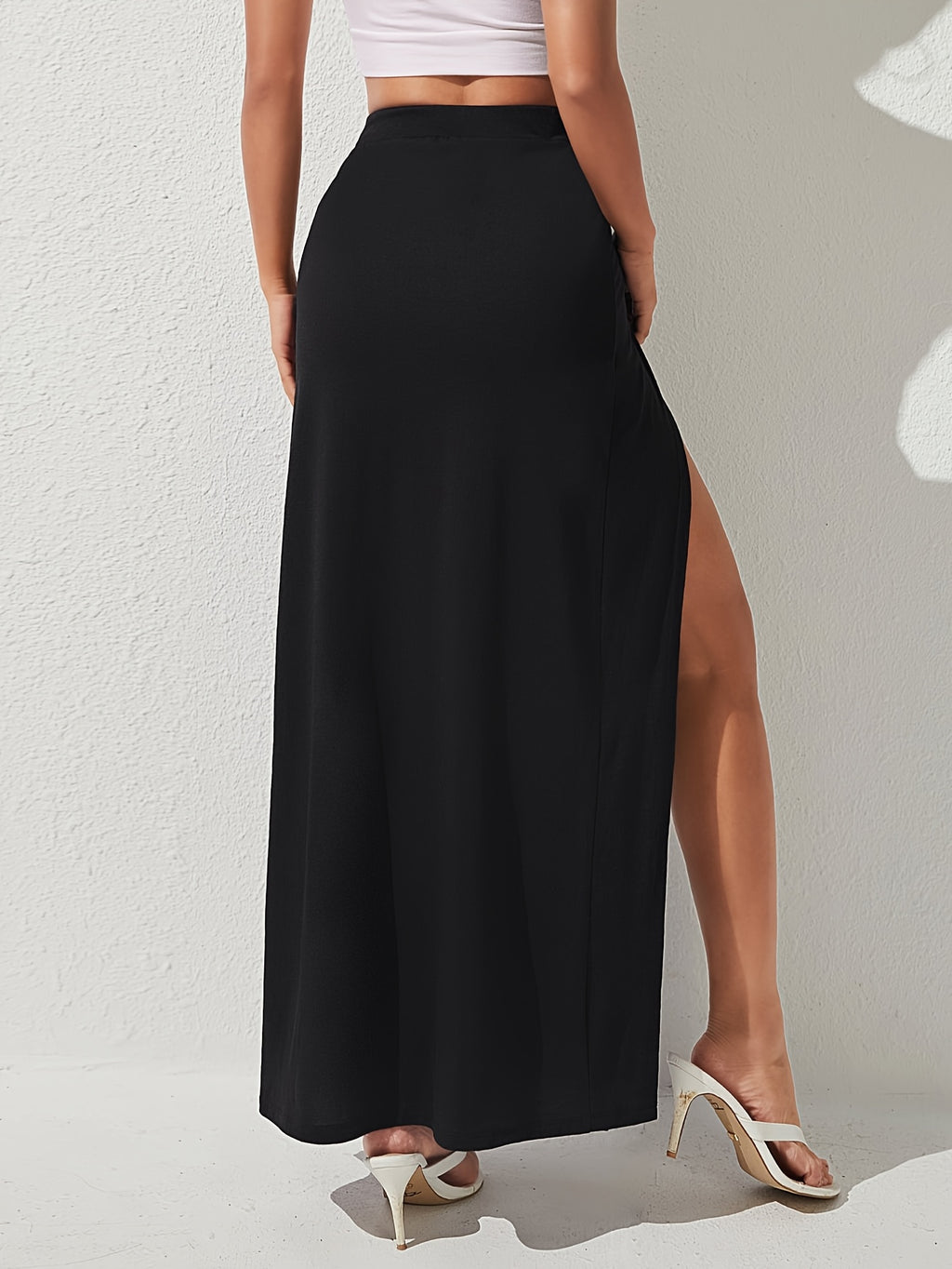Women's High-Waist Skirt with Dual Slit Draped Design - Solid Color Stretchable Midi Skirt Suitable for Daily Commute, Dates, Parties, Machine Washable Spring Summer Fall Outfits, Non- Elastic Skirt for & Vacations - Black