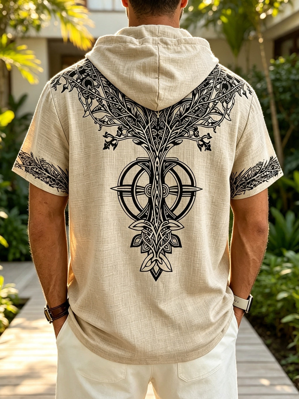 26 Styles Summer Men'S Loose Faith Rune Print Hooded Hip-Hop Trendy Short Sleeve, Casual Commute, Outing Shopping - Apricot