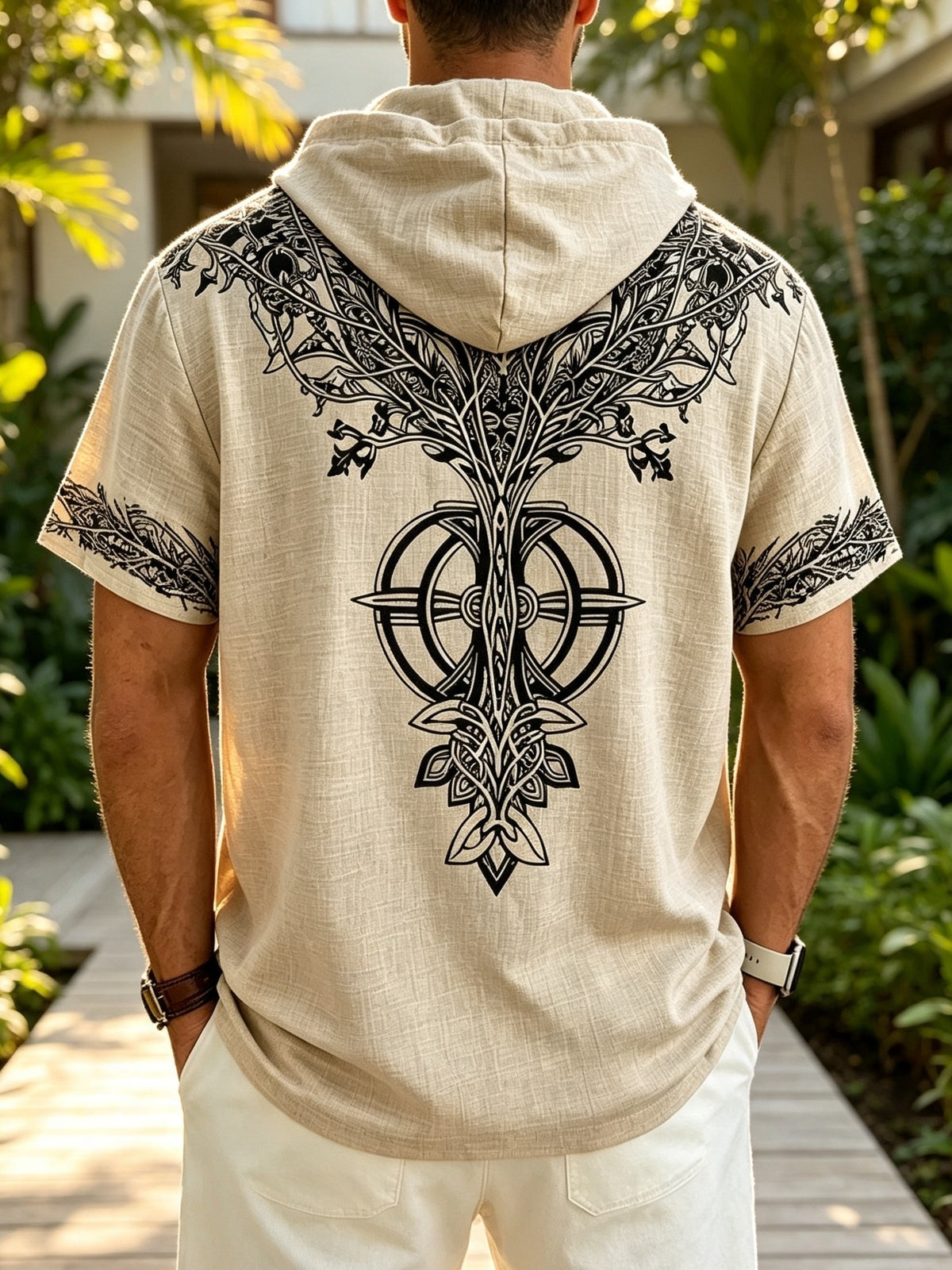 26 Styles Summer Men'S Loose Faith Rune Print Hooded Hip-Hop Trendy Short Sleeve, Casual Commute, Outing Shopping - Apricot