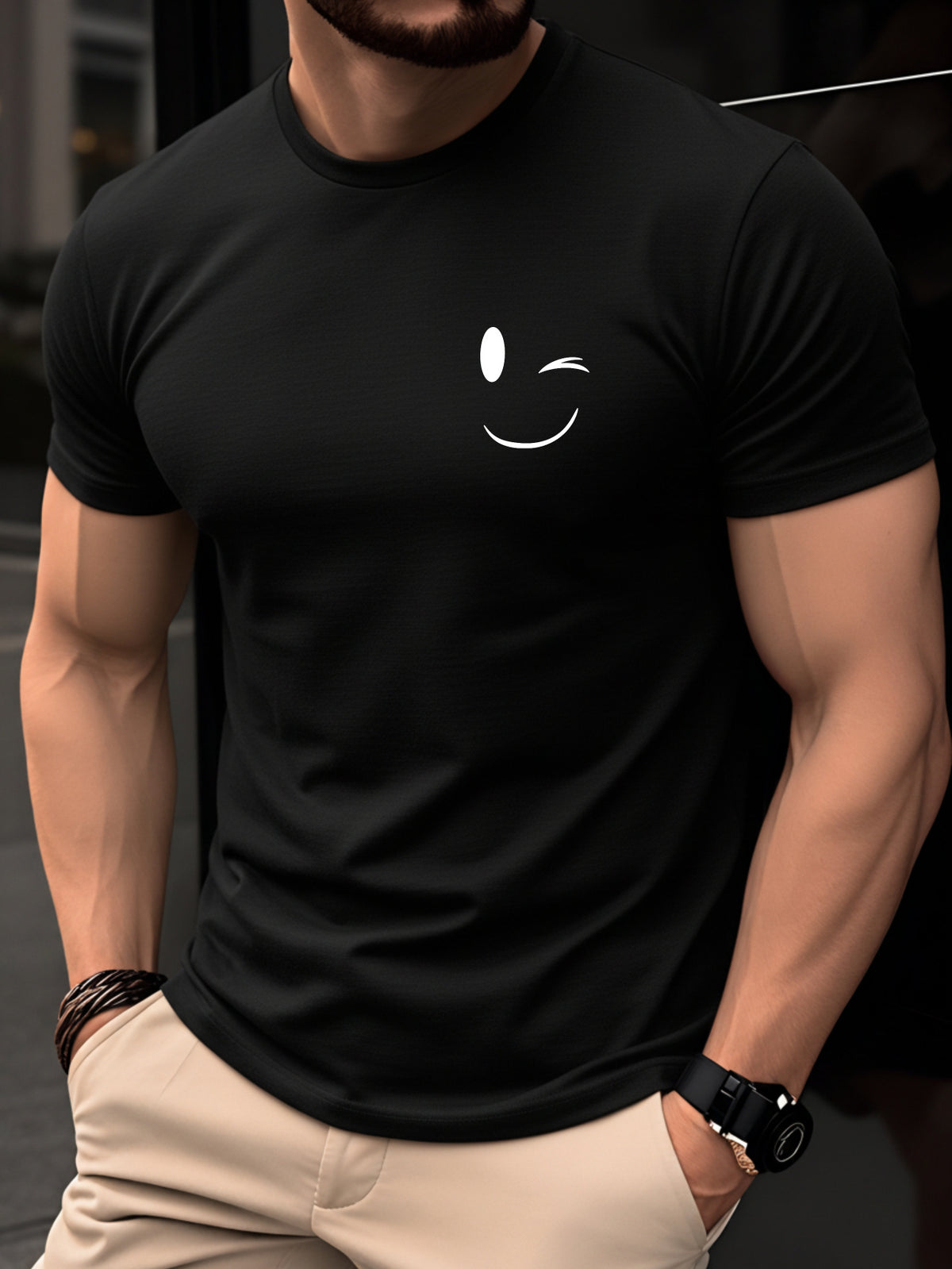 100% Cotton Men's T-Shirt, Summer Short Sleeve Thin Top, Trendy Fashion Slim Fit Youth Daily Casual Versatile 2026 New Year Holiday Outfit, Simple Line Joyful Face Pattern with Playful Winking Expression Design for Added Fun - Black