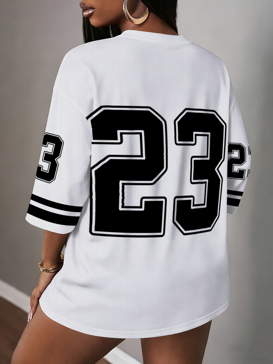 European And American Fashion Women'S Mesh Fabric V-Neck Casual Short-Sleeved T-Shirt, Retro Basketball Jersey Style Women'S Casual Apparel - White