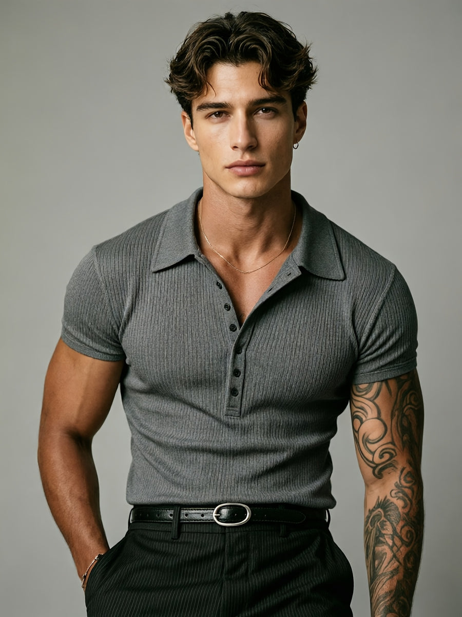 [Josh Mei OBM] 2026 Light Business Men'S White Textured Polo Short Sleeve Vertical Ribbed Henley Half-Button Collar Short Sleeve Stretch Slim Commute Date Versatile Top - Dark Gray