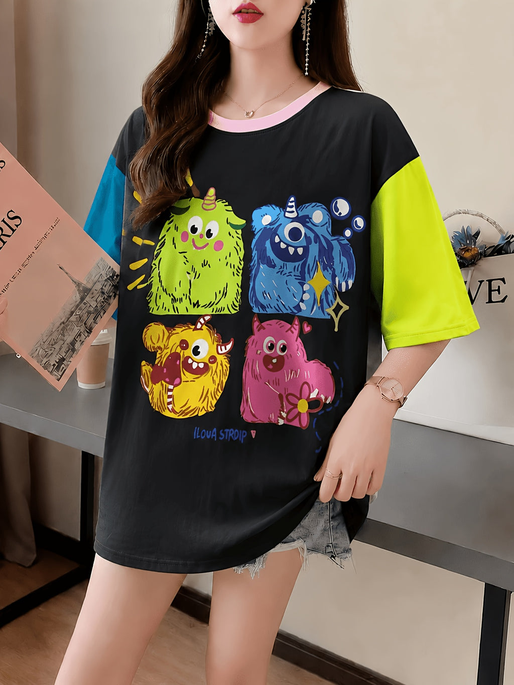 Summer New Large Size Loose Fashion Trend Slim Cartoon Round Neck Print Ladies Women's Medium and Long Short-sleeved T-shirt Clothes - K149-B