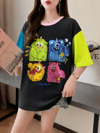 Summer New Large Size Loose Fashion Trend Slim Cartoon Round Neck Print Ladies Women's Medium and Long Short-sleeved T-shirt Clothes - K149-B