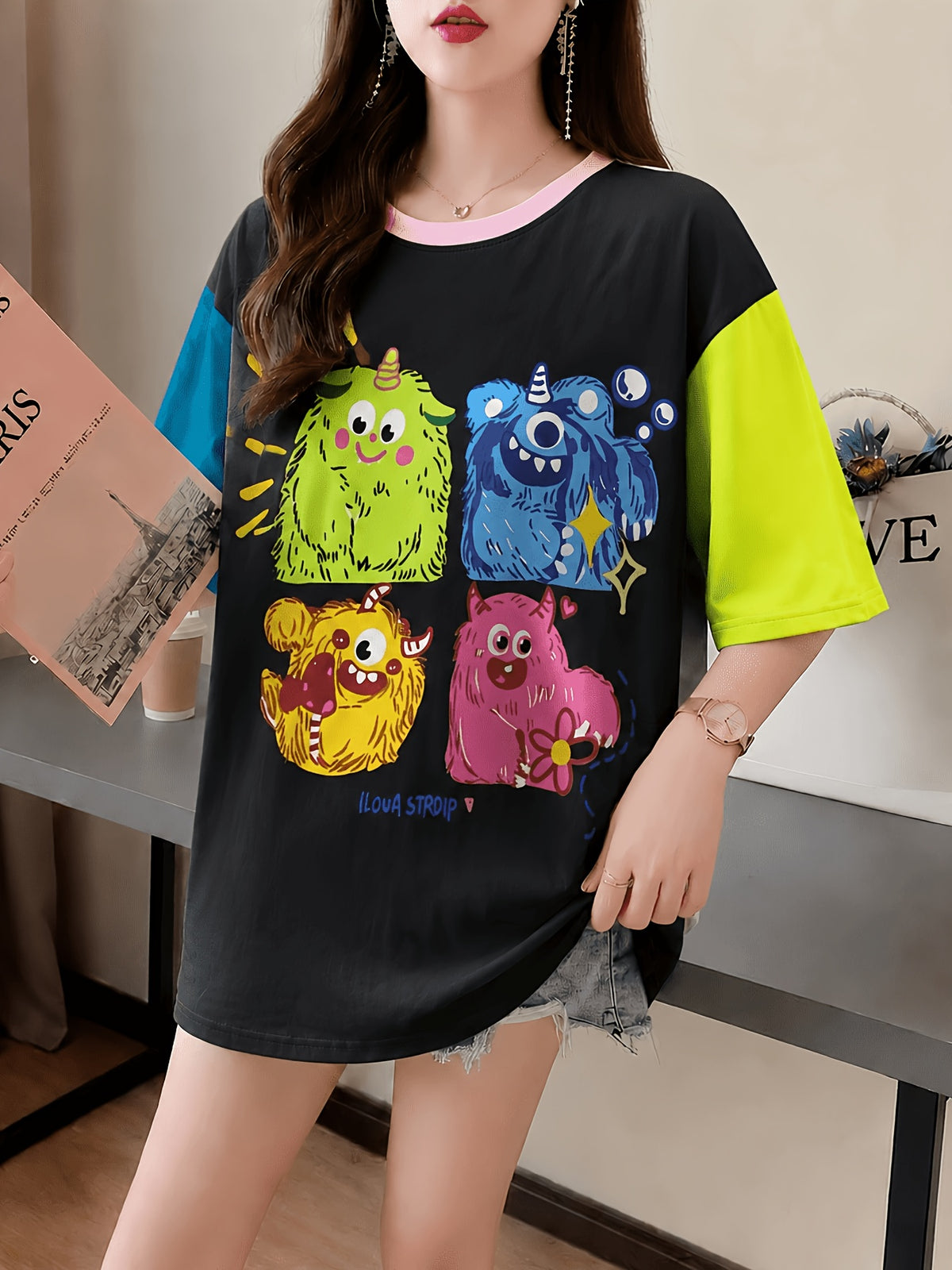 Summer New Large Size Loose Fashion Trend Slim Cartoon Round Neck Print Ladies Women's Medium and Long Short-sleeved T-shirt Clothes - K149-B