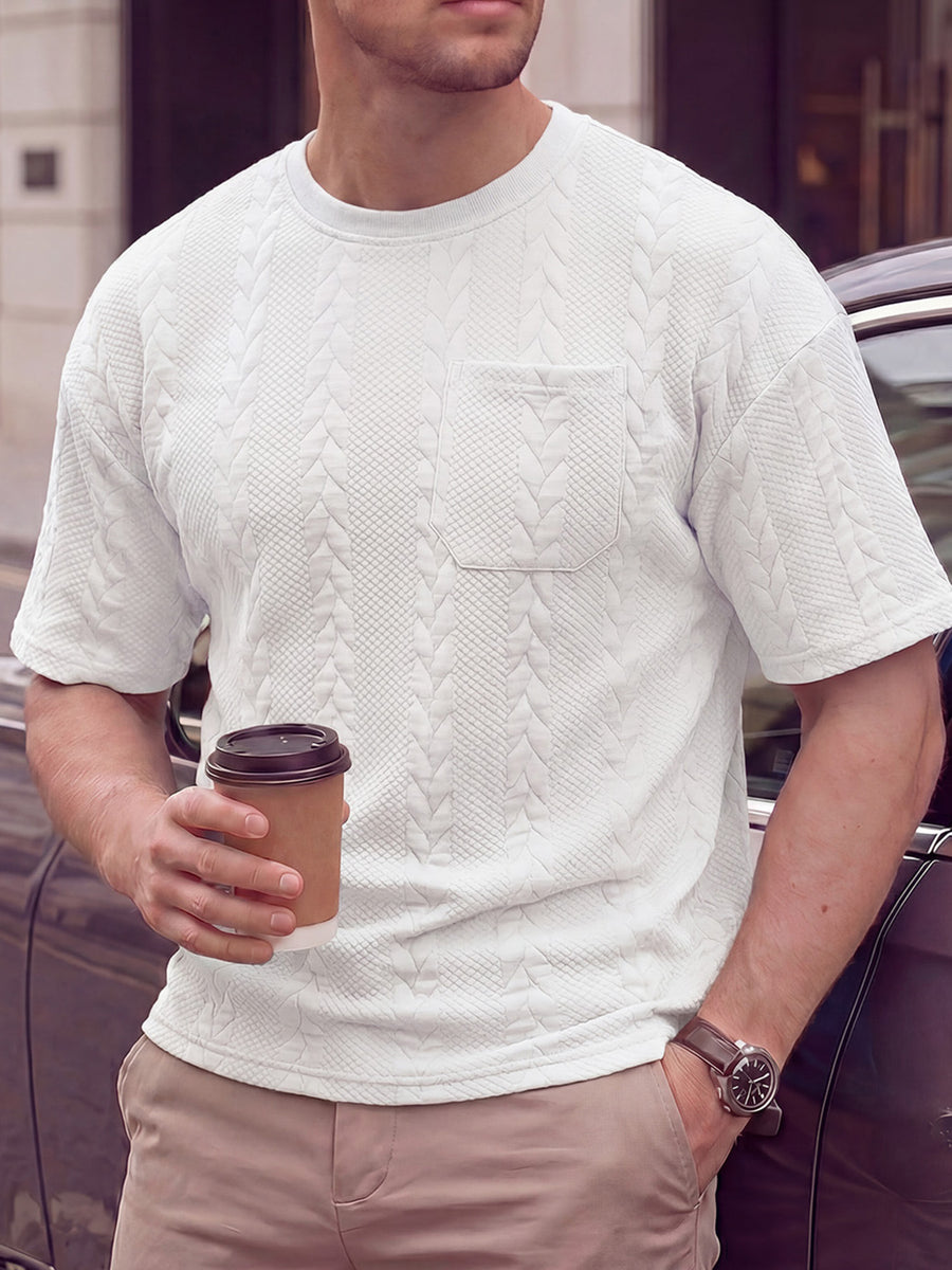 KJ-T037 Men'S Round Neck Jacquard Textured Tactile Pocket Short Sleeve Top T-Shirt Casual Men'S T-Shirt - White