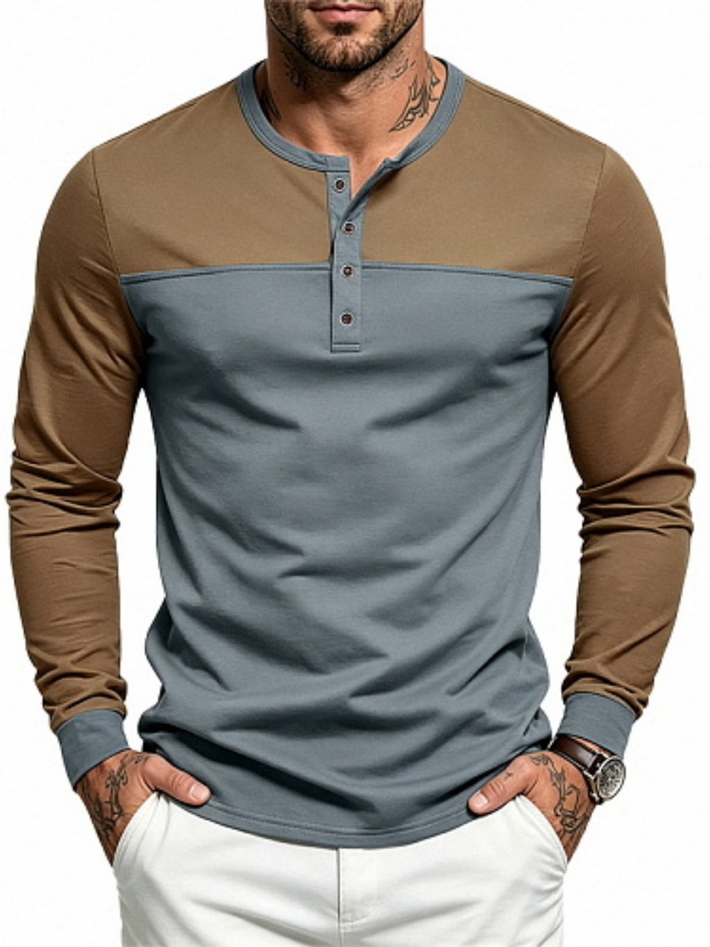 Men'S Henley Collar Long Sleeve T-Shirt, Casual Commute Outdoor Home Top, Contrast Color Patchwork Half-Button Design, Casual Easy Style, All-Season Fit, Ribbed Collar And Cuffs with Soft Elastic Knit Fabric, Men'S Favorite Holiday Gift - Brown+hui
