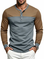 Men'S Henley Collar Long Sleeve T-Shirt, Casual Commute Outdoor Home Top, Contrast Color Patchwork Half-Button Design, Casual Easy Style, All-Season Fit, Ribbed Collar And Cuffs with Soft Elastic Knit Fabric, Men'S Favorite Holiday Gift - Brown+hui