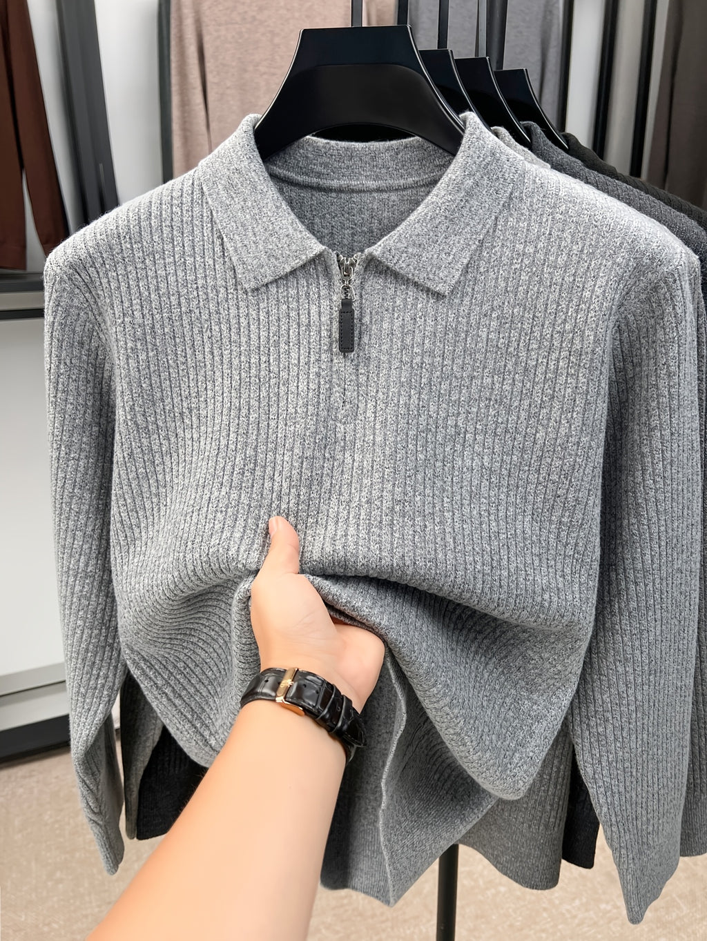 Xingfan Autumn/Winter Men's Ribbed Cable Knit Lapel Pullover Casual 4/1 Zipper Thickened Warm Long-Sleeve Sweater - Light Grey