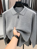 Xingfan Autumn/Winter Men's Ribbed Cable Knit Lapel Pullover Casual 4/1 Zipper Thickened Warm Long-Sleeve Sweater - Light Grey