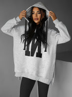 Autumn and Winter Women's Casual Letter Print Long-Sleeve Hooded Sweatshirt with Split Hem Design + Color-Block Drawstring, Fleece-Lined for Warmth, Stylish and Versatile Fashion Pullover A9750-1 - Light Grey