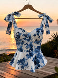 Women'S Elegant Blue Floral Strappy Ruffled Hem Vacation Style Women'S Camisole - Mixed colors