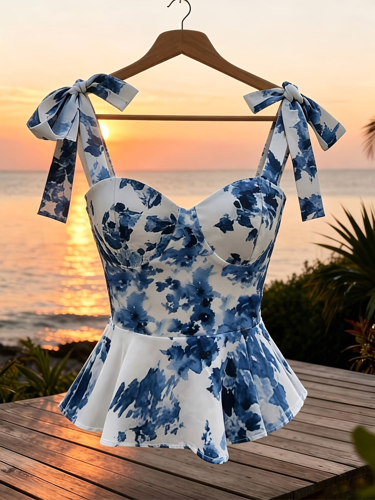 Women'S Elegant Blue Floral Strappy Ruffled Hem Vacation Style Women'S Camisole - Mixed colors