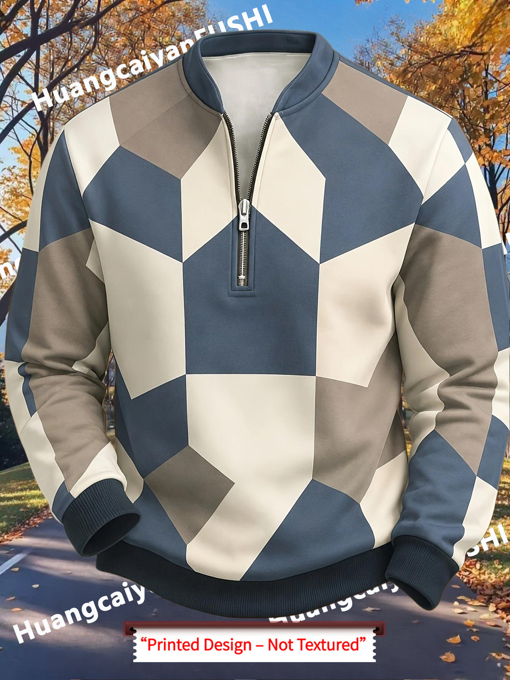 Men'S Autumn Winter Polo Zipper Sweatshirt, Men'S Retro Geometric Color-Block Digital Print Half-Zip Stand Collar Sweatshirt, Loose Casual Top, High Quality And Durable, Machine Washable, Daily Commute And Outdoor Wear - Mixed Color 2