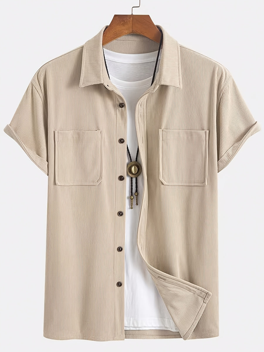 Summer Men'S Solid Color Pinstripe Corduroy Shirt, Lapel Double Pocket Design Loose All-Match Short Sleeve Shirt Jacket - Khaki