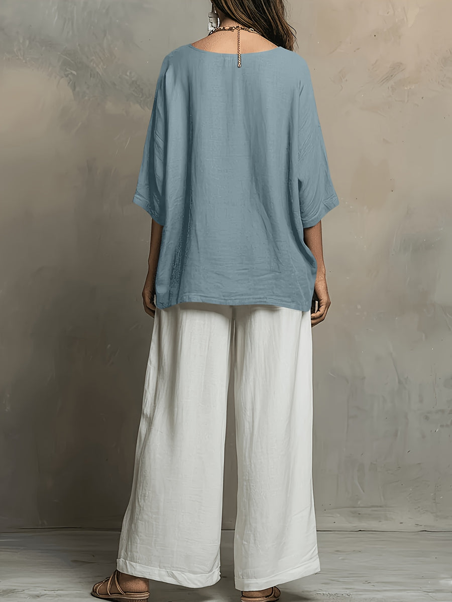 Bohemian Spring Summer New Loose Elegant Color-Block Set Women'S Round Neck Short Sleeve Solid Top And High-Waist Wide-Leg Pants 2pcs Set Western Casual Vacation Suit - Light Blue