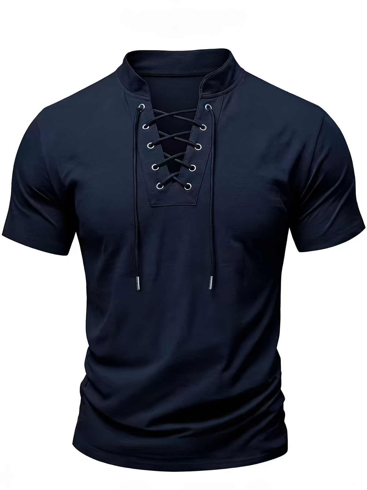 Summer Latest Men'S Individual Design Stand-Up Collar T-Shirt, Fashionable Western Style Trendy High Street Short Sleeve - Sea Blue