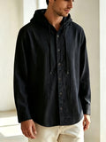 Men'S Solid Color Hooded Long Sleeve Shirt, Summer Breathable Casual Linen Top, Lightweight Loose Trendy Jacket - Black