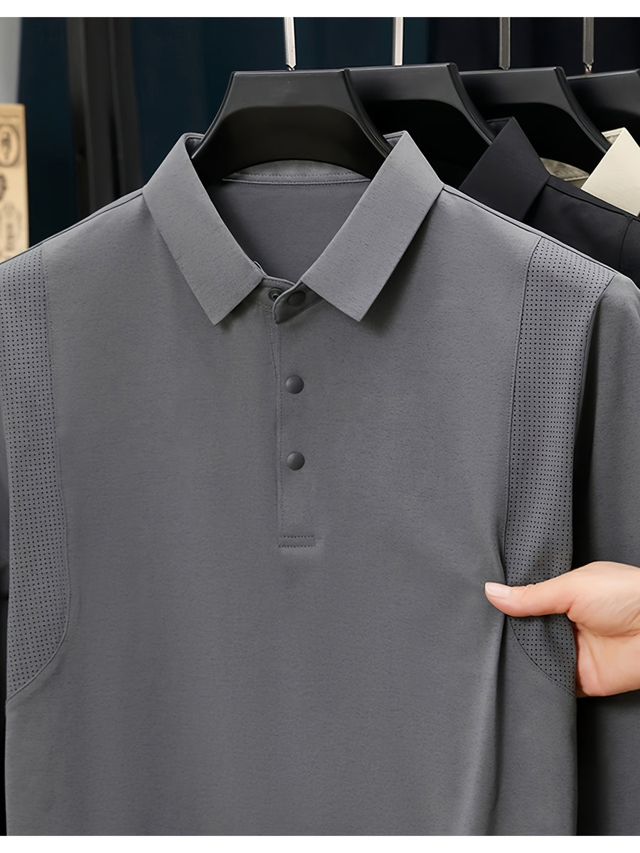 Men'S Lapel Long Sleeve Polo Shirt, Shoulder Mesh Texture Patchwork, Solid Color Minimalist Clean Cut Top, Office Commute, Outing Fishing, Home Casual Loose Men'S Long Sleeve T-Shirt - Grey
