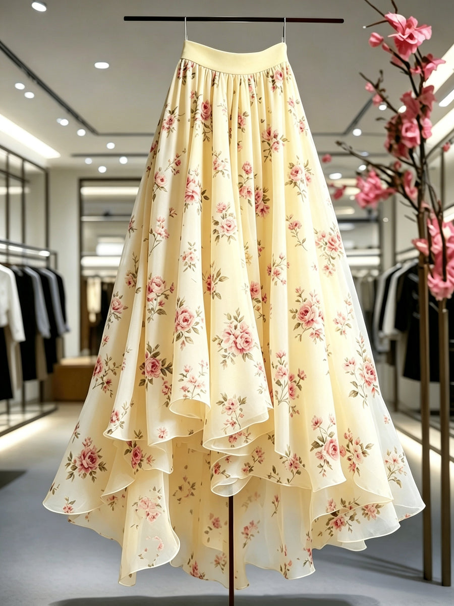 Women'S Lace Mesh Printed Half Skirt, Casual Flared Mesh Skirt - 【Light Yellow】