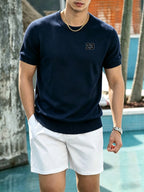 Men'S Round Neck Short Sleeve Knit Sweater, Number Thin Slim Casual Base Layer Top - Navy Color