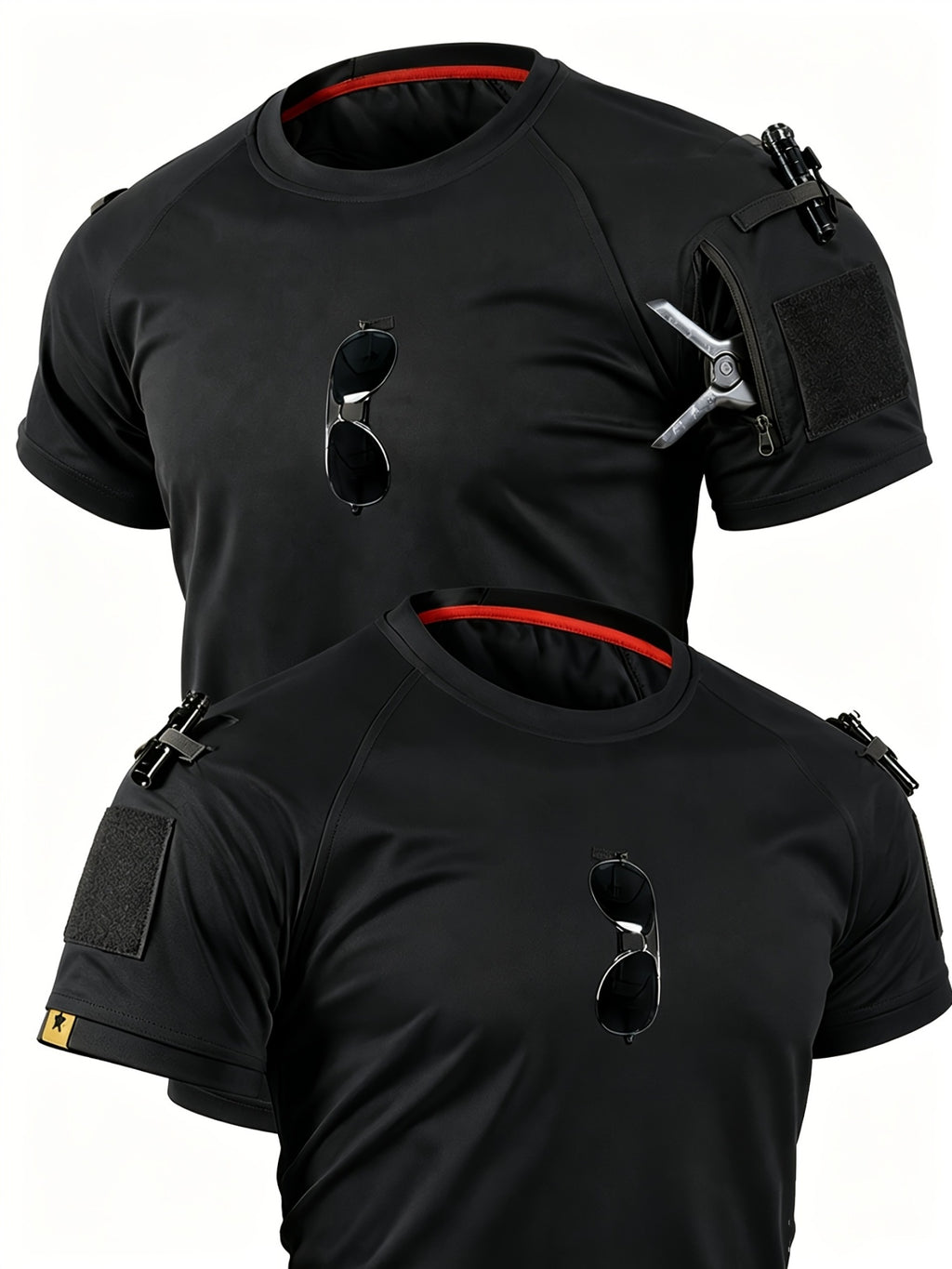 1pc Men'S Round Neck T-Shirt Outdoor Casual Quick-Dry Short Sleeve Top with Pocket And Hook-And-Loop Closure Breathable T-Shirt for Camping Hiking Fishing Running Sports Shirt, Additions Not Included - Black