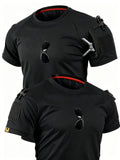 1pc Men'S Round Neck T-Shirt Outdoor Casual Quick-Dry Short Sleeve Top with Pocket And Hook-And-Loop Closure Breathable T-Shirt for Camping Hiking Fishing Running Sports Shirt, Additions Not Included - Black