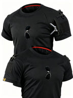 1pc Men'S Round Neck T-Shirt Outdoor Casual Quick-Dry Short Sleeve Top with Pocket And Hook-And-Loop Closure Breathable T-Shirt for Camping Hiking Fishing Running Sports Shirt, Additions Not Included - Black