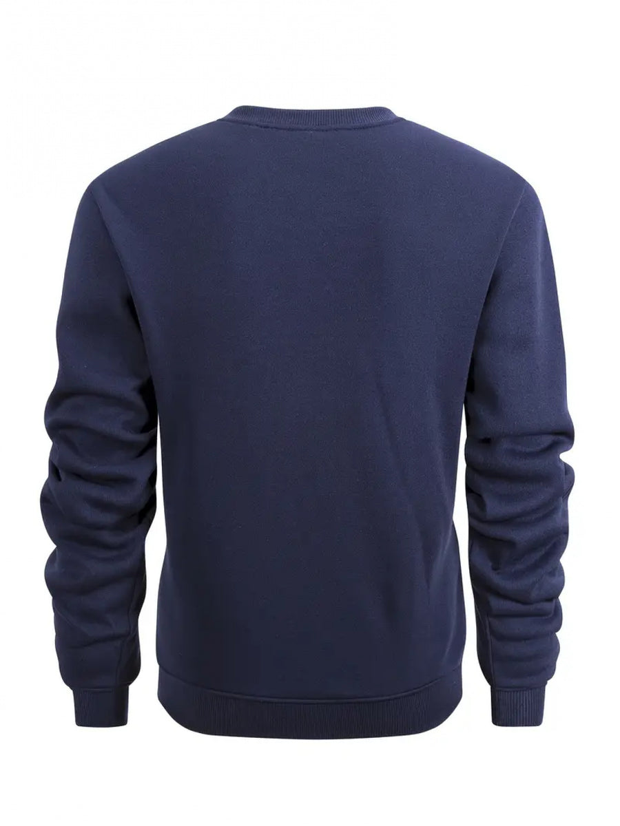 Sporty Style, Men's Crewneck Sweatshirt, White Logo Print, Fleece Lined Warm Fabric, Casual Wear Gym Use, Gift for Him Boyfriend Husband - Navy Color
