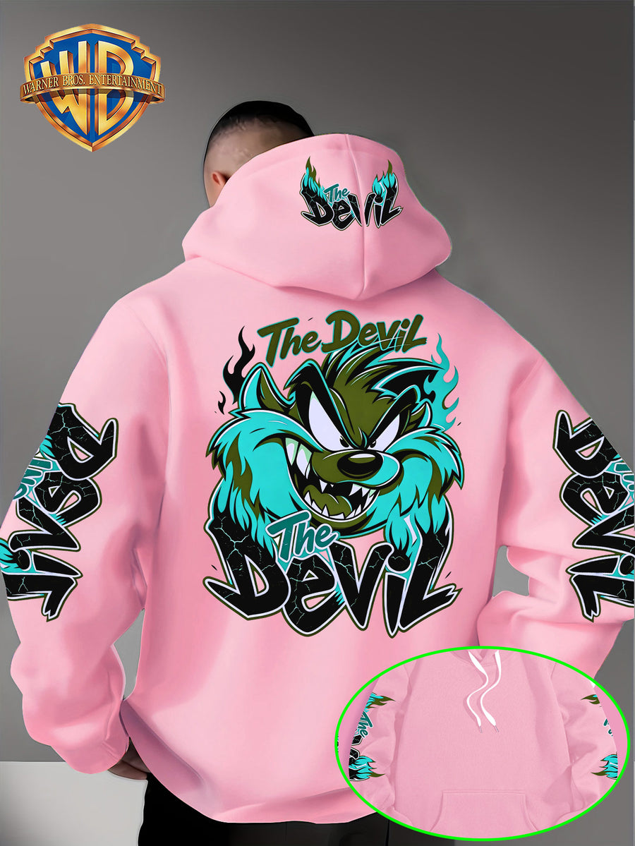 Le Yitong Big Mouth Monster The Devil Flame Print Hoodie, with Sleeve Print Design, Kangaroo Pouch And Drawstring Hood, Suitable for Autumn/Winter Casual Wear And Outdoor Activities - Pink