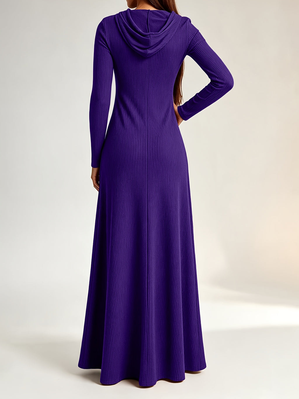 Plus Size - Western Plus Size Women'S Ribbed Hooded Long Dress, Half-Open Zipper Long Sleeve Fitted Flared Casual Floor-Length Skirt - Purple