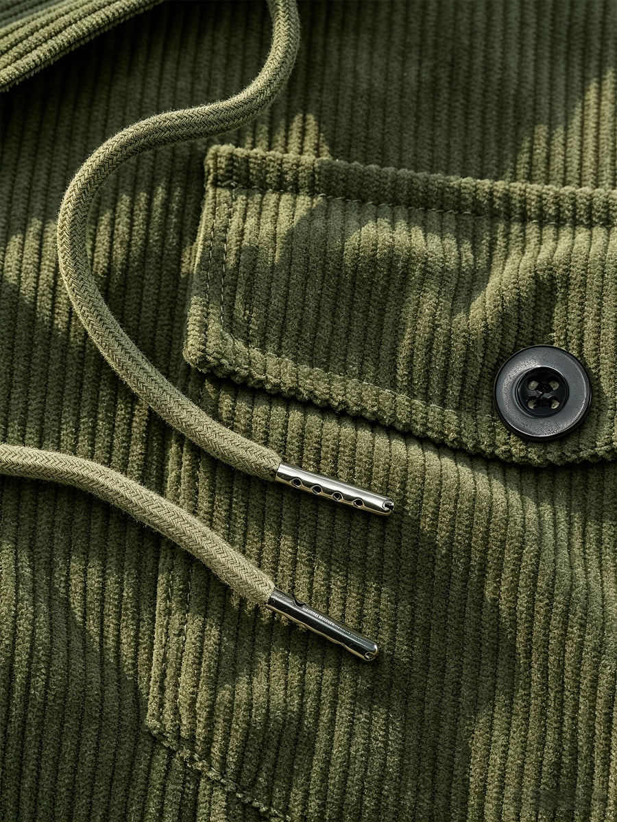 BOWZ Men's Corduroy Jacket Button-Up Cardigan Coat with Stand Collar & Drawstring Hood Suitable for Sports, Casual Commuting Jacket, Corduroy Button-Front Closure, Machine Washable Fall Outerwear, Solid Color Regular Fit Cardigan Gift - Olive