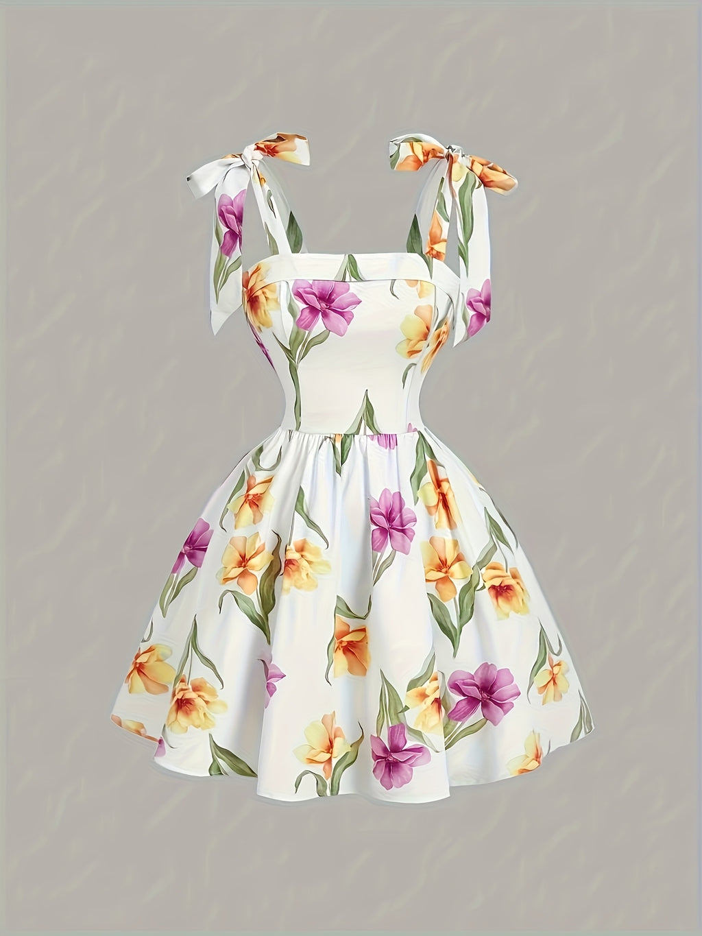 Bow Strap Floral Print Dress - Mixed colors