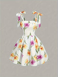 Bow Strap Floral Print Dress - Mixed colors