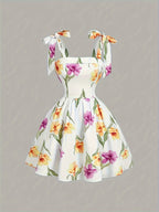 Bow Strap Floral Print Dress - Mixed colors