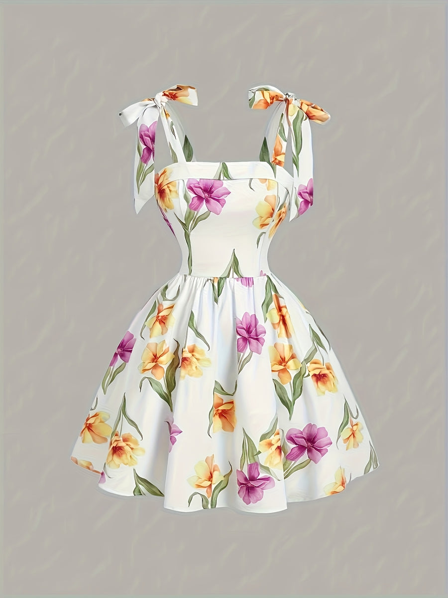 Bow Strap Floral Print Dress - Mixed colors