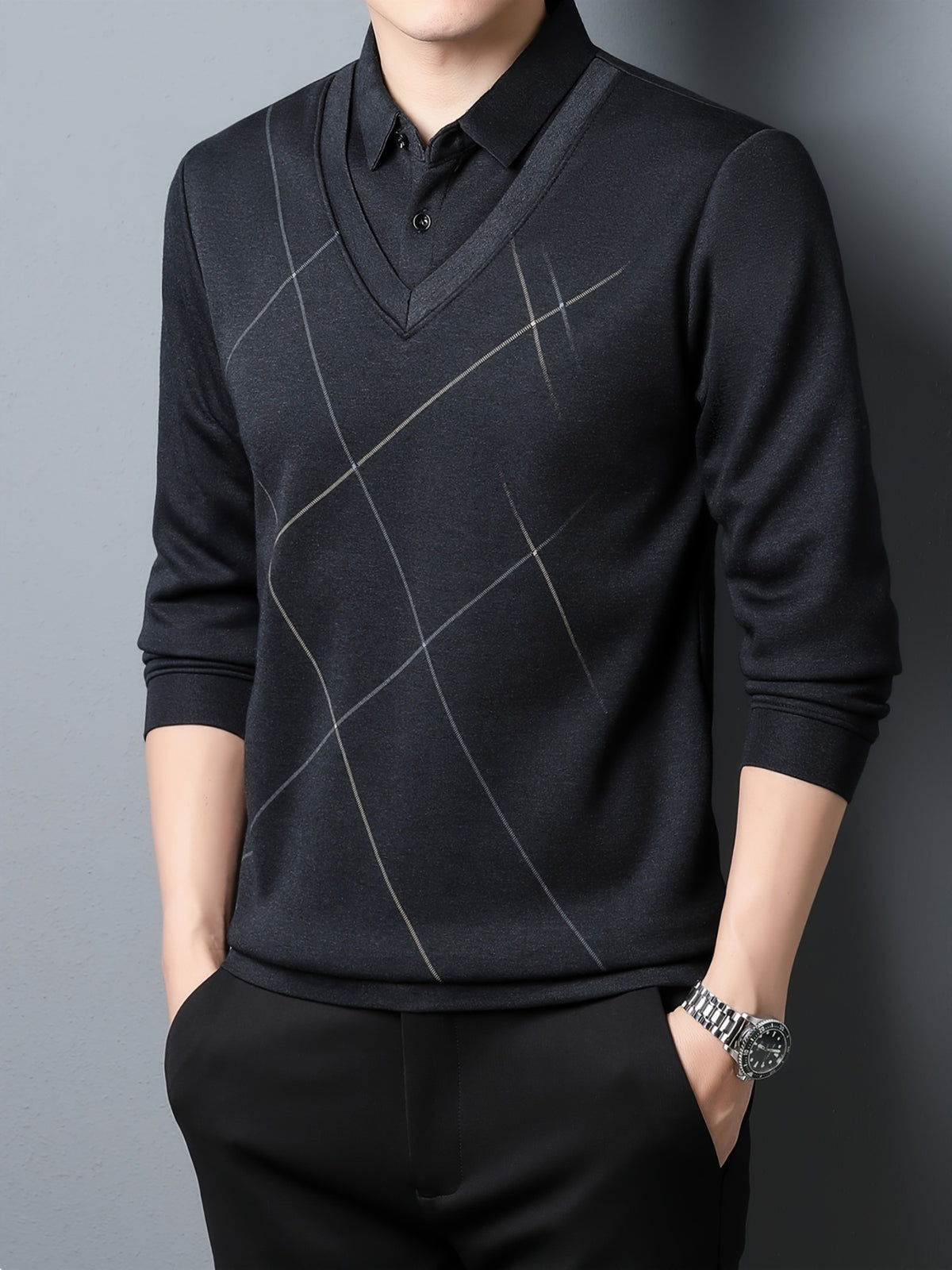 Fake Two-Piece Men'S Top Autumn Winter Base Layer Checkered Shirt Collar Men'S Business Casual Versatile Inner Top - Grey
