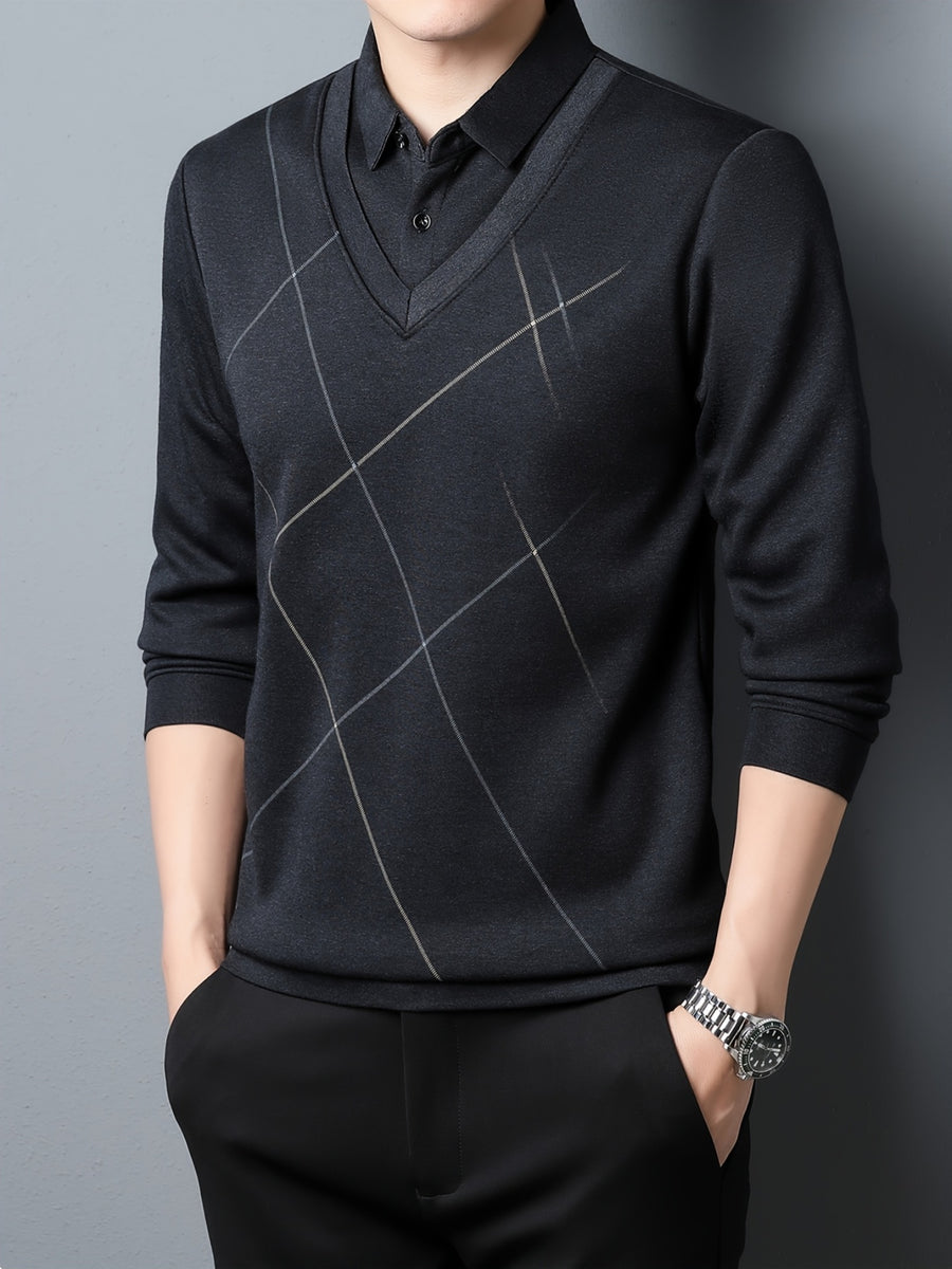 Fake Two-Piece Men'S Top Autumn Winter Base Layer Checkered Shirt Collar Men'S Business Casual Versatile Inner Top - Grey